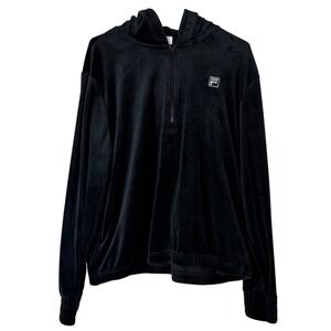 Y2K 90s FILA Velour Half Zip Hoodie Sweatshirt Black Women XXL Pockets Active